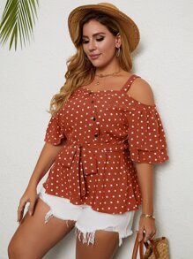 Plus Cold Shoulder Polka Dot Belted Blouse - Rust Brown - View 1