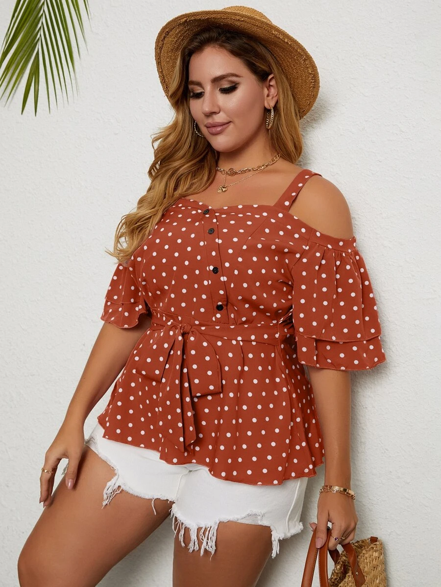 Plus Cold Shoulder Polka Dot Belted Blouse - Rust Brown - View 1