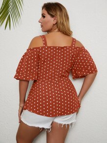 Plus Cold Shoulder Polka Dot Belted Blouse - Rust Brown - View 2