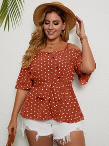 Plus Cold Shoulder Polka Dot Belted Blouse - Rust Brown - View 3