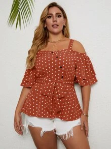 Plus Cold Shoulder Polka Dot Belted Blouse - Rust Brown - View 5