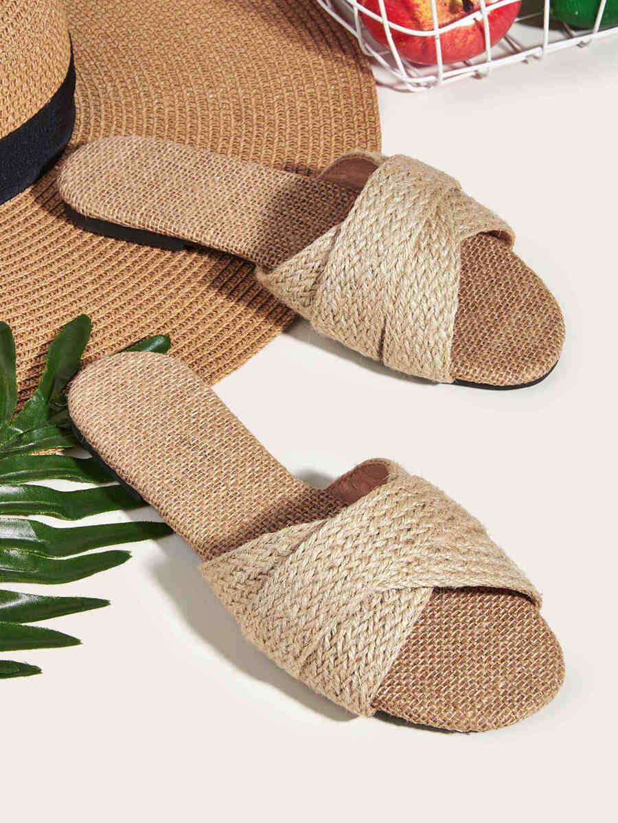 Dép đế bằng có dây bện cho nữ, Dép trượt bằng rơm cho kỳ nghỉ - Màu Khaki - Xem 1