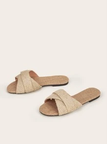 Dép đế bằng có dây bện cho nữ, Dép trượt bằng rơm cho kỳ nghỉ - Màu Khaki - Xem 2