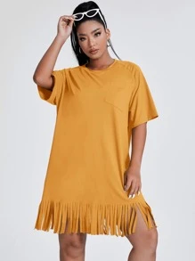 SHEIN VCAY Plus Solid Fringe Hem Tee Dress - Mustard Yellow - View 1