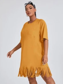 SHEIN VCAY Plus Solid Fringe Hem Tee Dress - Mustard Yellow - View 3