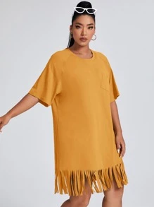SHEIN VCAY Plus Solid Fringe Hem Tee Dress - Mustard Yellow - View 5