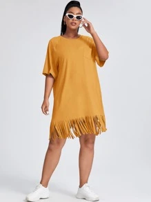 SHEIN VCAY Plus Solid Fringe Hem Tee Dress - Mustard Yellow - View 6