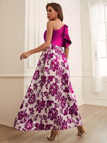 印花單肩荷葉邊緞面洋裝 - 彩色 - 查看 2