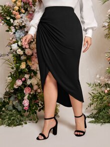 Modelyn Plus High Waist Ruched Asymmetrical Hem Skirt