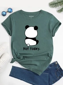 SHEIN LUNE Áo thun nữ Hoạt hình Lá thư Giải trí - Màu xanh lá cây đậm - Xem 1