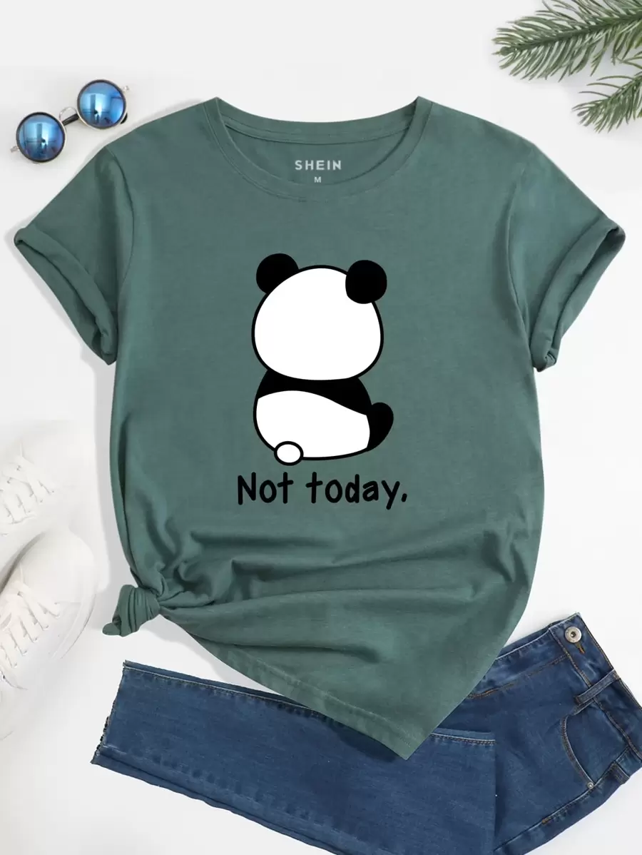 SHEIN LUNE Áo thun nữ Hoạt hình Lá thư Giải trí - Màu xanh lá cây đậm - Xem 1