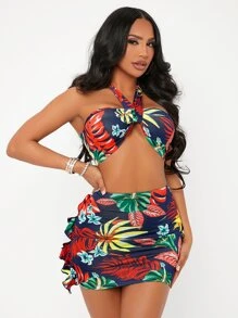 SHEIN SXY con estampado tropical de espalda abierta con cordón Top halter & ribete con fruncido Falda ajustada - Multicolor - Ver 1