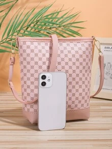 Bolso cubo con estampado geométrico cremallera - Rosa - Ver 4
