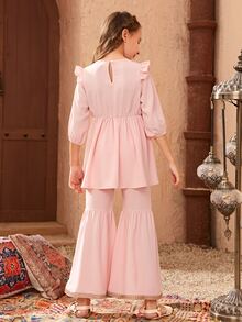 SHEIN 女孩花卉刺繡荷葉邊燈籠袖上衣和喇叭褲 - 淺粉色 - 查看 2