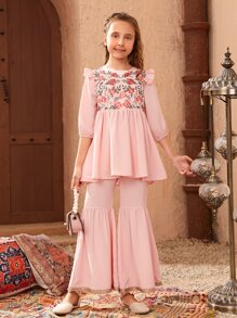 SHEIN 女孩花卉刺繡荷葉邊燈籠袖上衣和喇叭褲 - 淺粉色 - 查看 4