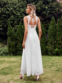 Váy cưới Lộ Lưng Tương phản ren Ren lên Buộc lại màu trơn Hấp dẫn - trắng - Xem 2