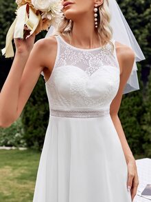 Váy cưới Lộ Lưng Tương phản ren Ren lên Buộc lại màu trơn Hấp dẫn - trắng - Xem 3