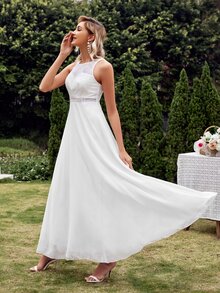 Váy cưới Lộ Lưng Tương phản ren Ren lên Buộc lại màu trơn Hấp dẫn - trắng - Xem 4