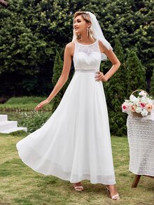 Váy cưới Lộ Lưng Tương phản ren Ren lên Buộc lại màu trơn Hấp dẫn - trắng - Xem 5