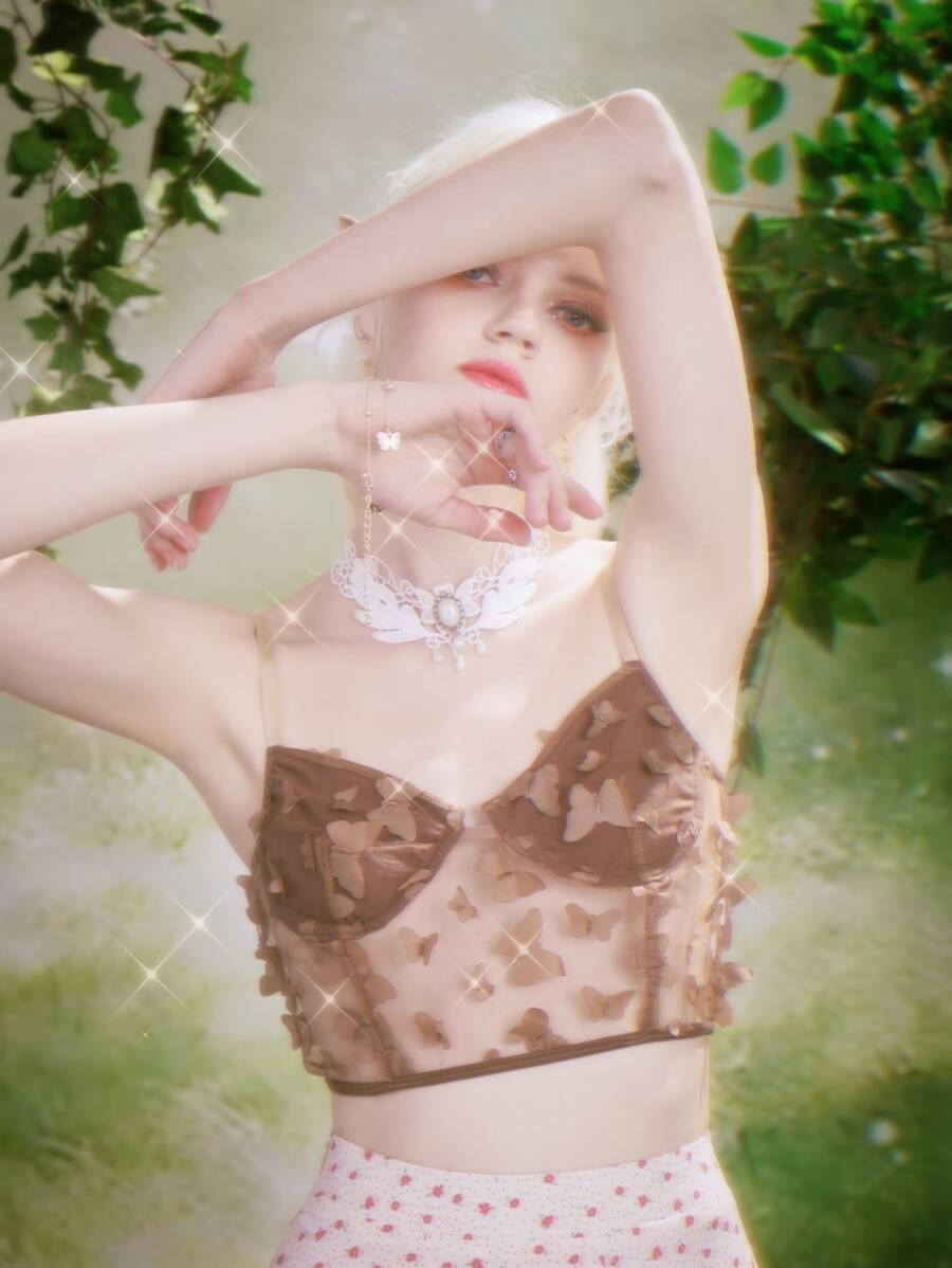 ROMWE Fairycore 蝴蝶貼花吊帶上衣 - 棕色 - 查看 1