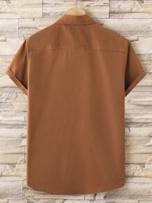 Manfinity Homme Men Letter Patched Detail Pocket Front Shirt Without Tee, Short Sleeve Button Up Collar Plain Shirt - Brown - View 2