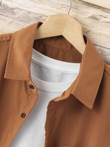 Manfinity Homme Men Letter Patched Detail Pocket Front Shirt Without Tee, Short Sleeve Button Up Collar Plain Shirt - Brown - View 4