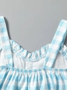女孩雙色格子木耳邊前蝴蝶結吊帶背心和短褲 - 淺藍色 - 查看 5
