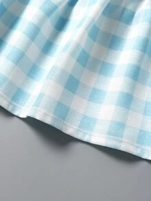 女孩雙色格子木耳邊前蝴蝶結吊帶背心和短褲 - 淺藍色 - 查看 7