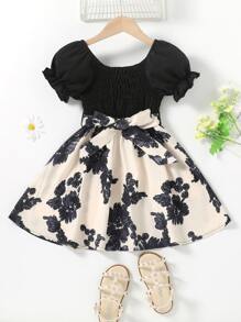 SHEIN Toddler Girls Floral Print Puff Sleeve Shirred Belted Dress - Black and White - View 1