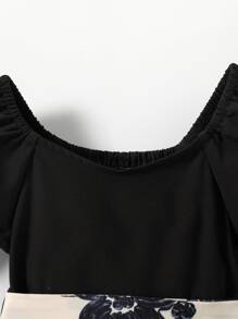 SHEIN Toddler Girls Floral Print Puff Sleeve Shirred Belted Dress - Black and White - View 3