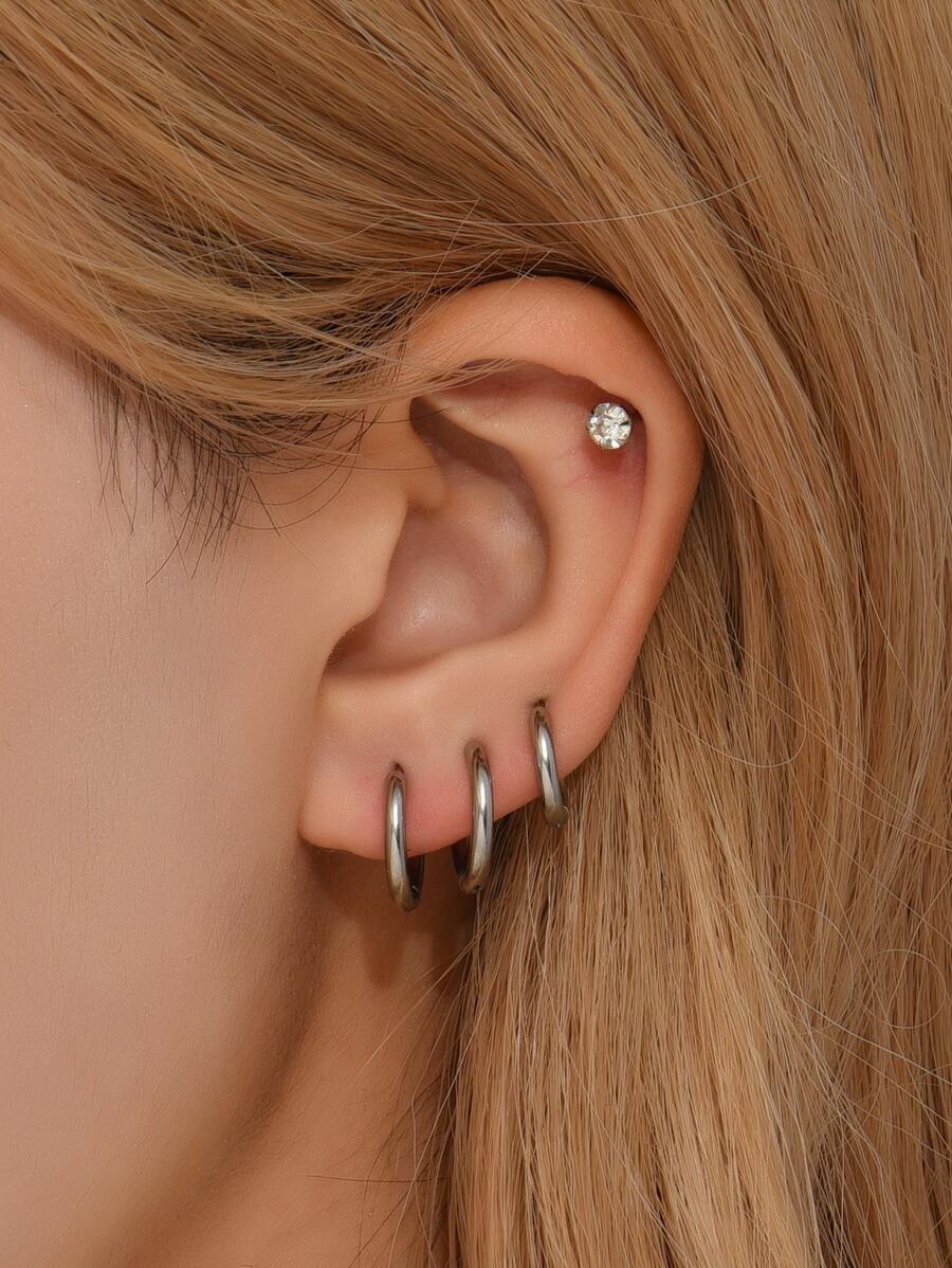 1 chiếc Bông tai trang trí bằng đá trang trí & 3 chiếc Bông tai dạng vòng, Trang sức bằng thép không gỉ - Bạc - Xem 1