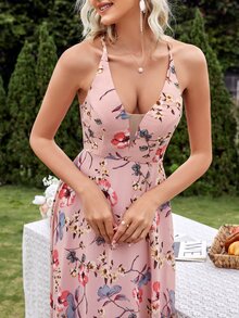 Allover Floral Print Criss Cross Back Bridesmaid Dress - Pink - View 4