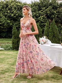 Allover Floral Print Criss Cross Back Bridesmaid Dress - Pink - View 5