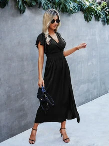 SHEIN Unity Butterfly Sleeve Split Thigh Dress - Black - View 4