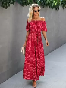 SHEIN VCAY 波卡圓點露肩腰帶連衣裙 - 紅色 - 查看 1