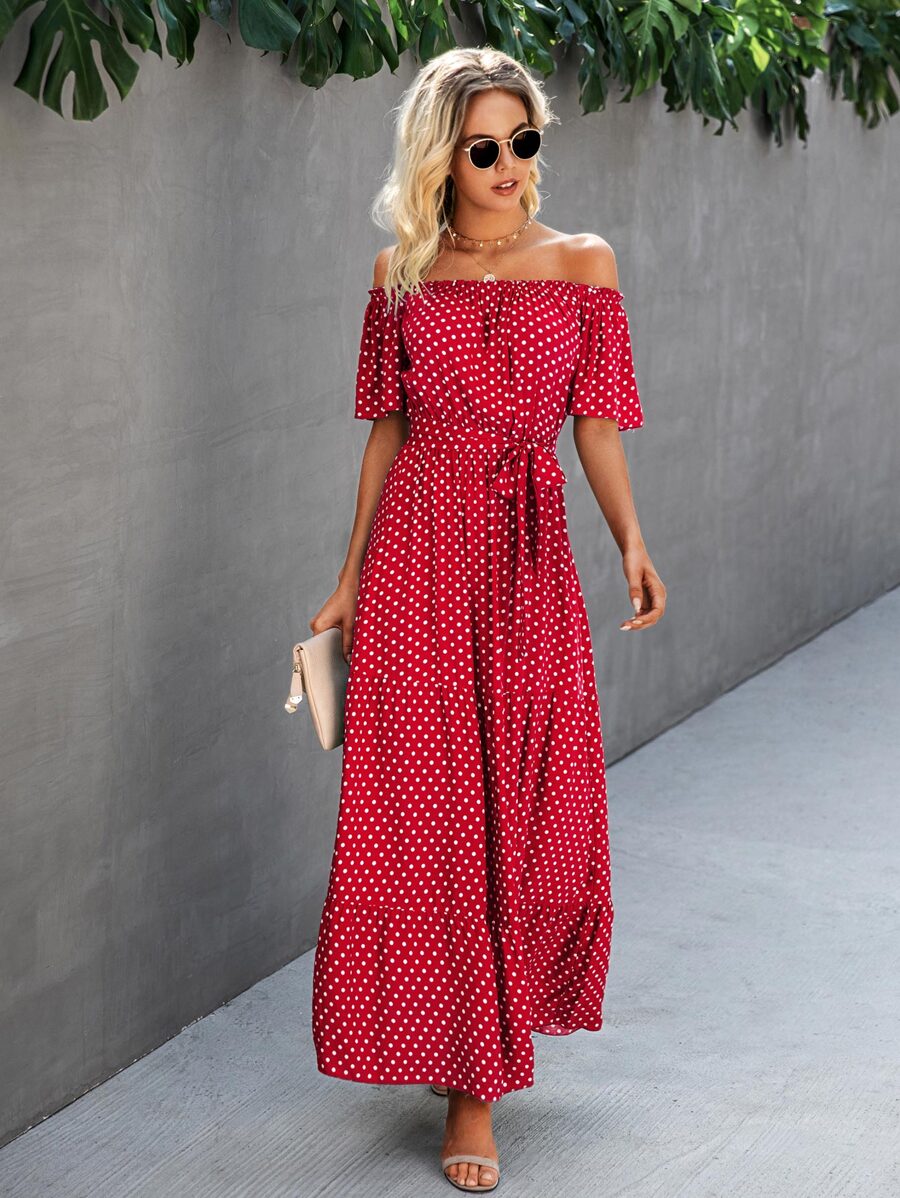 SHEIN VCAY 波卡圓點露肩腰帶連衣裙 - 紅色 - 查看 1