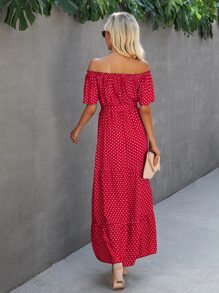 SHEIN VCAY 波卡圓點露肩腰帶連衣裙 - 紅色 - 查看 2