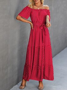 SHEIN VCAY 波卡圓點露肩腰帶連衣裙 - 紅色 - 查看 3