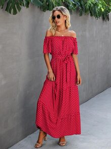 SHEIN VCAY 波卡圓點露肩腰帶連衣裙 - 紅色 - 查看 4