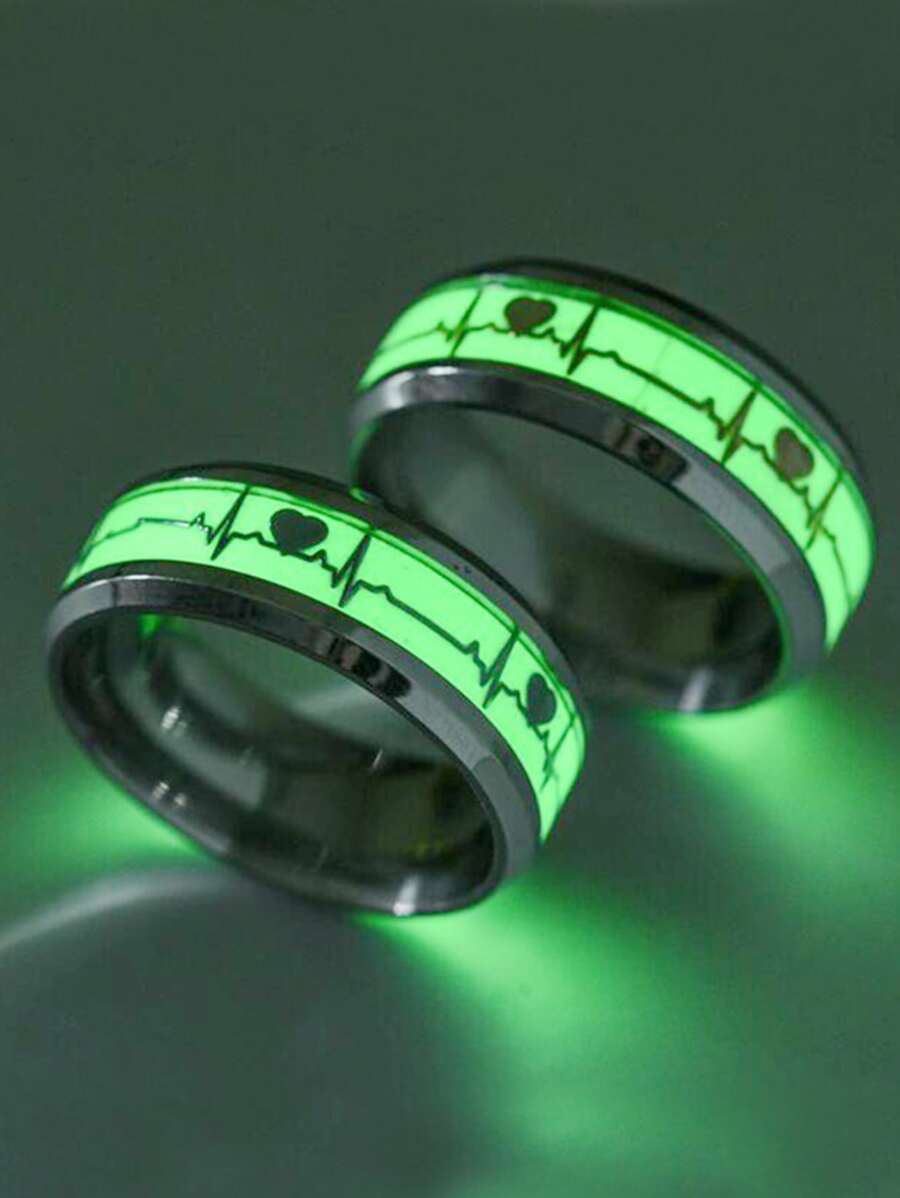 HOTNICE Fashionable And Popular 2pcs Men Heart Design Glow In The Dark Ring Stainless Steel Punk Hip Pop Style For Jewelry Gift And For A Stylish Look Valentines,Mom,Mother,Mother's Day,Gift - Multicolor - View 1