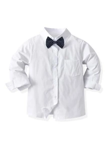 SHEIN Young Boy Single-Breasted Long Sleeve Formal Shirt With Elegant Bow Tie, Paired With Dress Pants, Fashionable For Birthday Party, Banquet, Performance, Wedding, Christening - White - View 1