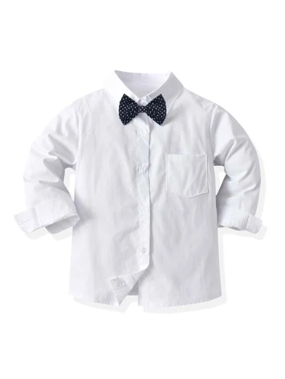 SHEIN Young Boy Single-Breasted Long Sleeve Formal Shirt With Elegant Bow Tie, Paired With Dress Pants, Fashionable For Birthday Party, Banquet, Performance, Wedding, Christening