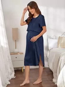 SHEIN Maternity Solid Lettuce Trim Tee & Split Side Slip Dress - Navy Blue - View 1