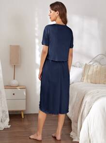 SHEIN Maternity Solid Lettuce Trim Tee & Split Side Slip Dress - Navy Blue - View 2