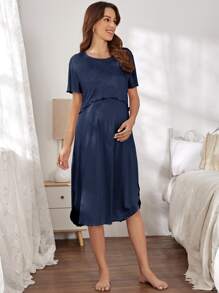 SHEIN Maternity Solid Lettuce Trim Tee & Split Side Slip Dress - Navy Blue - View 4