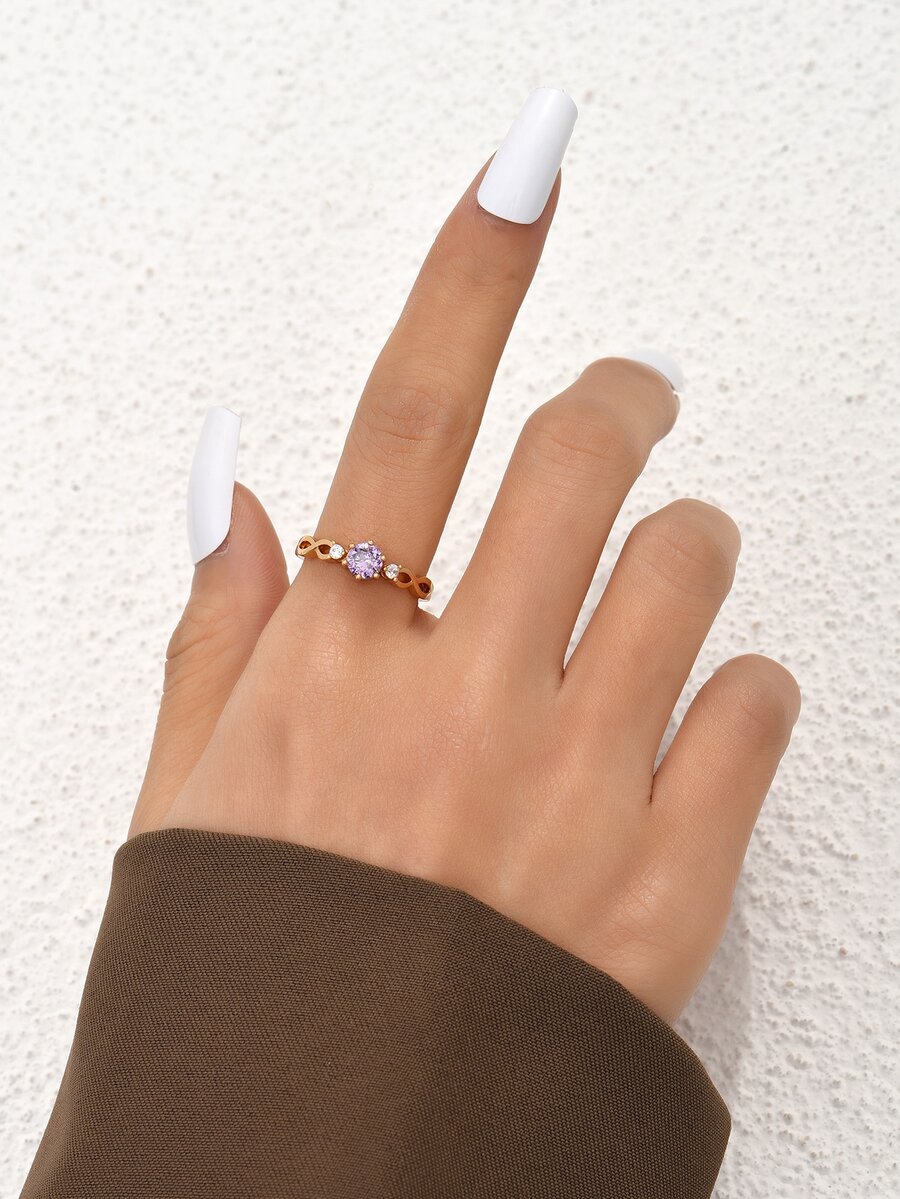 方晶鋯石裝飾戒指 - 金黃色 - 查看 1