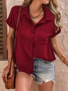 SHEIN LUNE Patched Pocket Batwing Sleeve Shirt - Burgundy - View 1