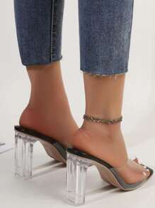 Giày cao gót nữ tối giản màu đen trơn, mũi hở, gót dày, đính pha lê trong suốt, kiểu dáng thời trang đa năng, dép đi ngoài trời gợi cảm cho nữ, phù hợp với trang phục mùa xuân hè. - màu đen - Xem 4