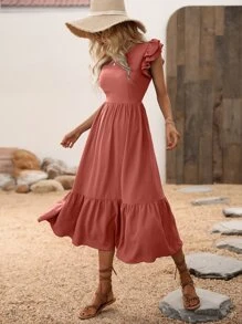 Butterfly Sleeve Ruffle Hem Dress - Redwood - View 1