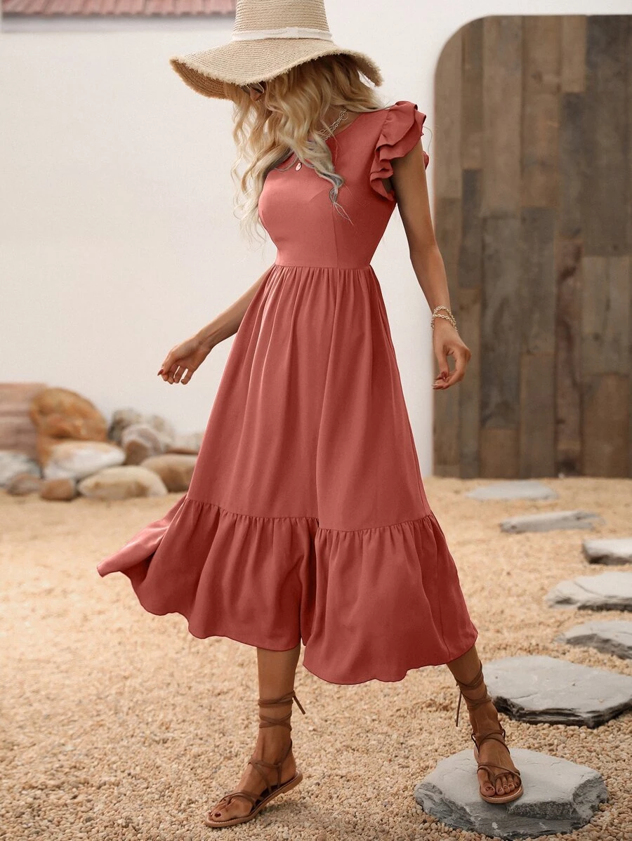 Butterfly Sleeve Ruffle Hem Dress - Redwood - View 1